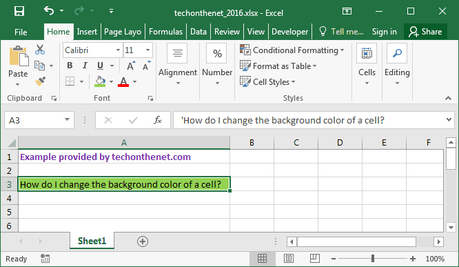 Ms Excel 2016 Change The Background Color Of A Cell