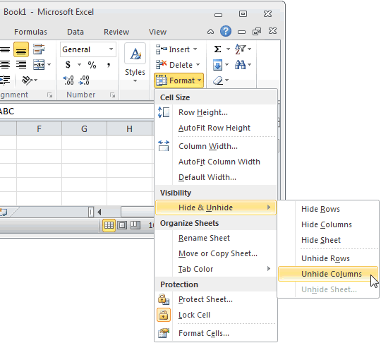 MS Excel 2010: Unhide column A