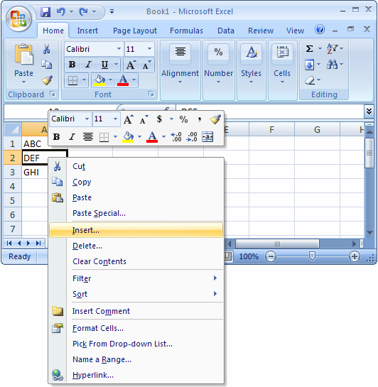 MS Excel 2007: Insert a new row