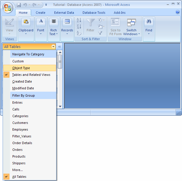 MS Access 2007: Display all objects (tables, queries, forms, reports,  modules) in the Navigation Pane