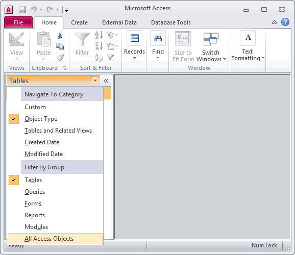 MS Access 2010: Display all objects (tables, queries 
