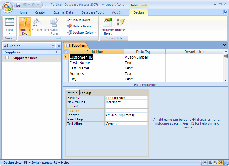 patrol adjacent itself MS Access 2007: Open a table in Design view