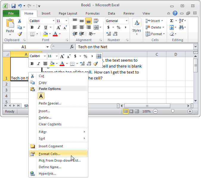 MS Excel 2010: Align text to the top of the cell