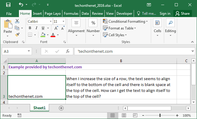 MS Excel 2016: text to the of the cell