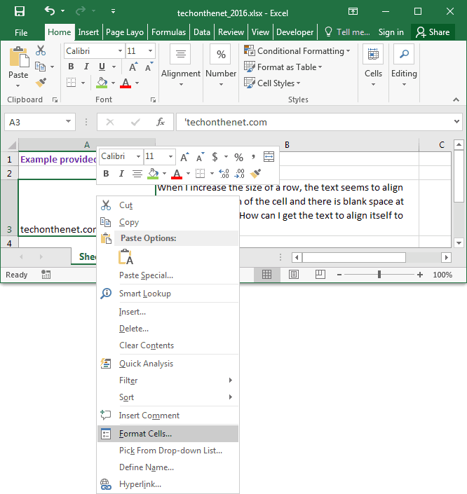MS Excel 2016: Align text to the top of the cell