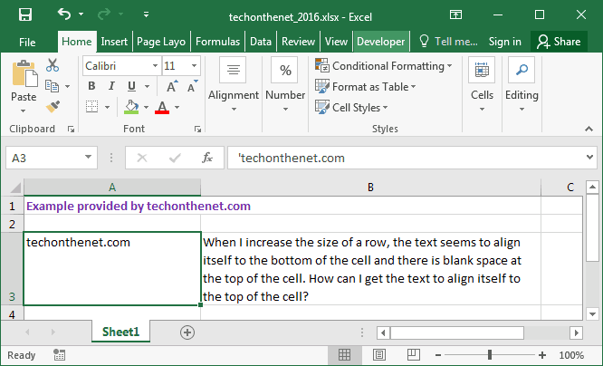 MS Excel 2016: Align text to the top of the cell