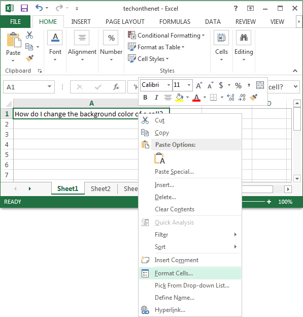 MS Excel 2013: Change the background color of a cell