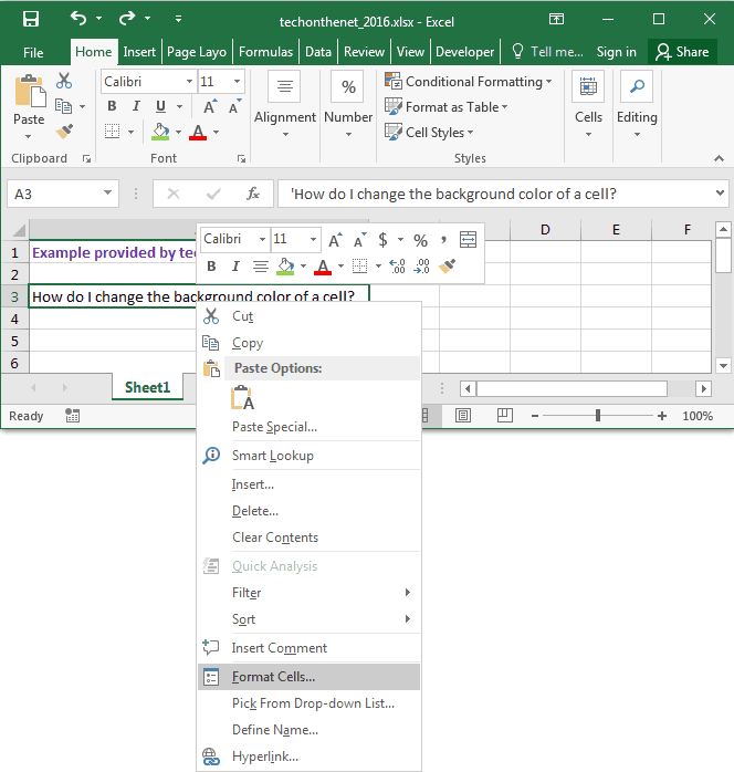 MS Excel 2016: Change the background color of a cell