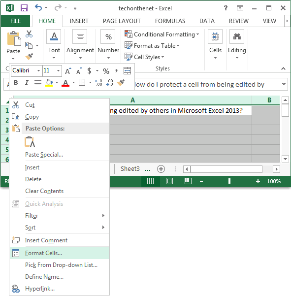 MS Excel 2013: Protect a cell