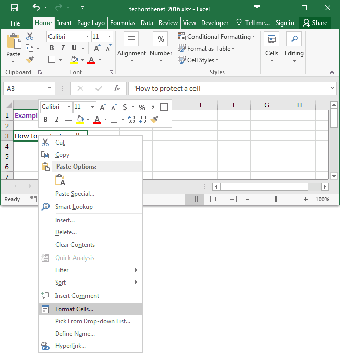 MS Excel 2016: Protect a cell