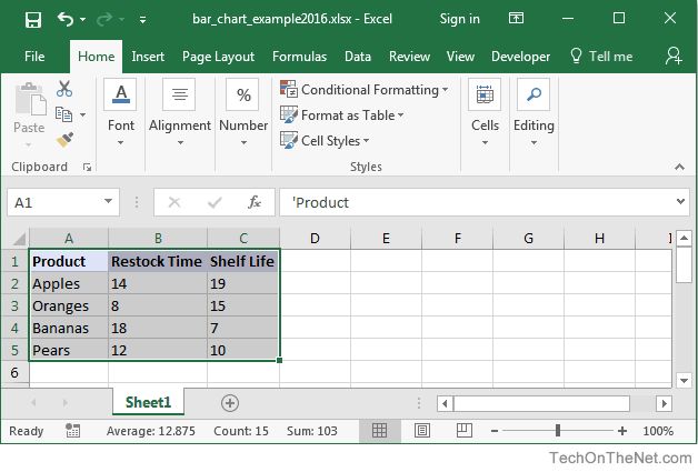 MS Excel 2016: How to Create a Bar Chart