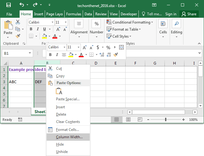 Ms Excel 16 Change The Width Of A Column