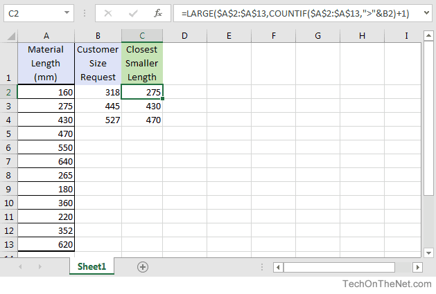 Ms Excel How To Find The Closest Smaller Number In Unordered List
