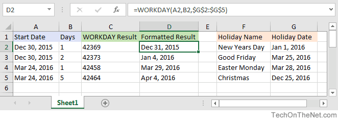 Excel WORKDAY function