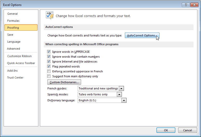 turn auto spell check on excel 2016