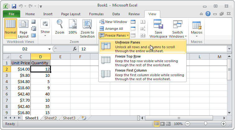 disable freeze frame in excel 10