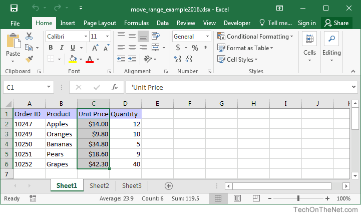 mow stamp Month MS Excel 2016: Move a Range