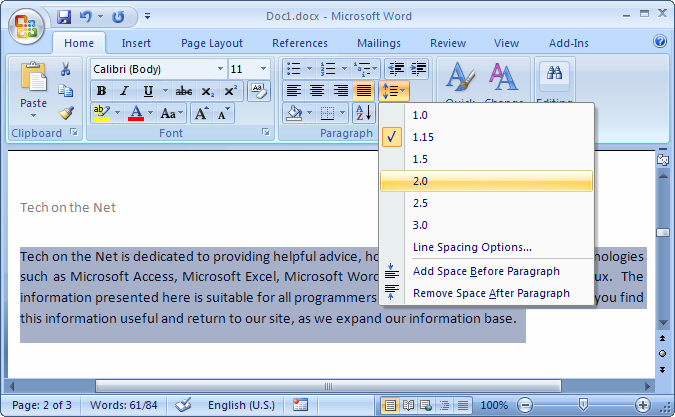 double space in windows 2007