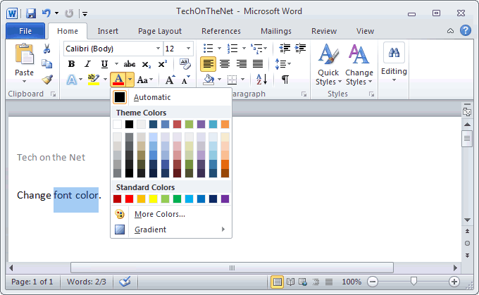 MS Word 2010: Change font color