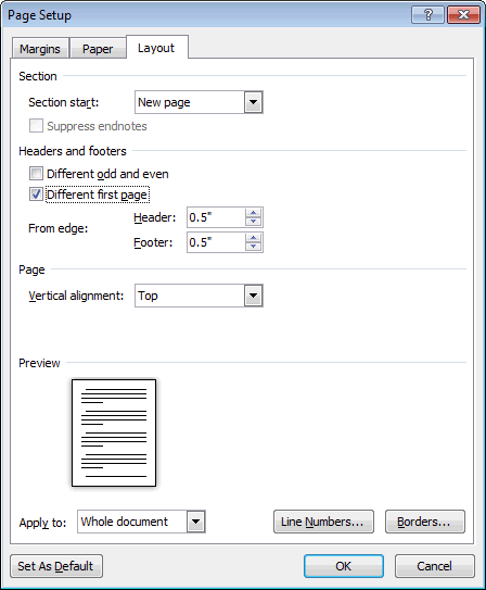 setting different first page header in word