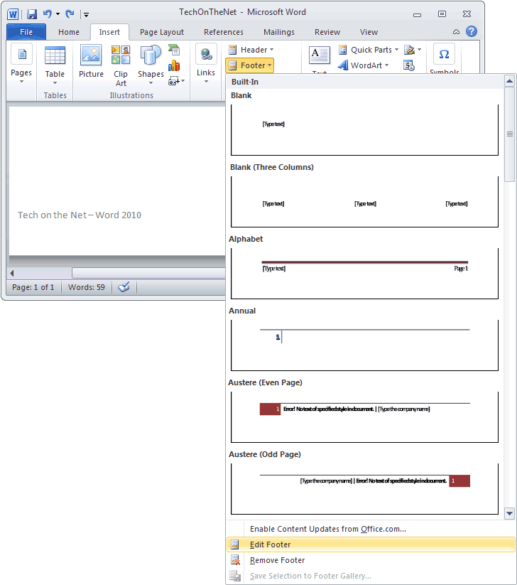 how to exit header and footer in word 2010
