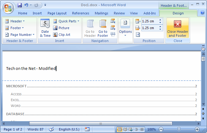 where is close header and footer in word