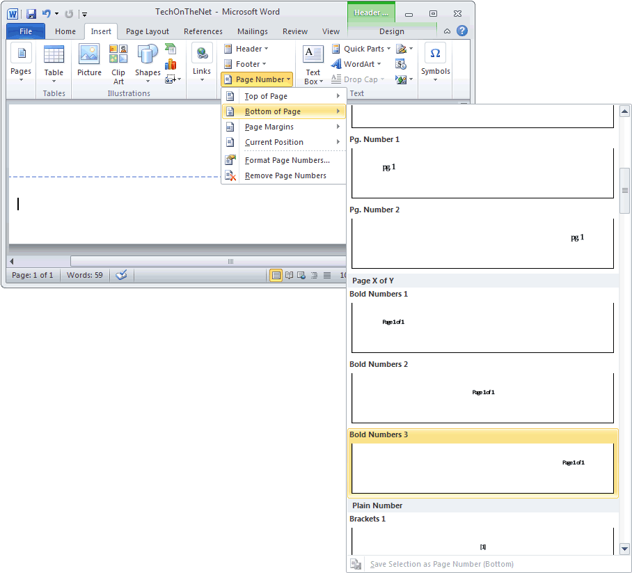 MS Word 2010: Create page numbers at the bottom of the page