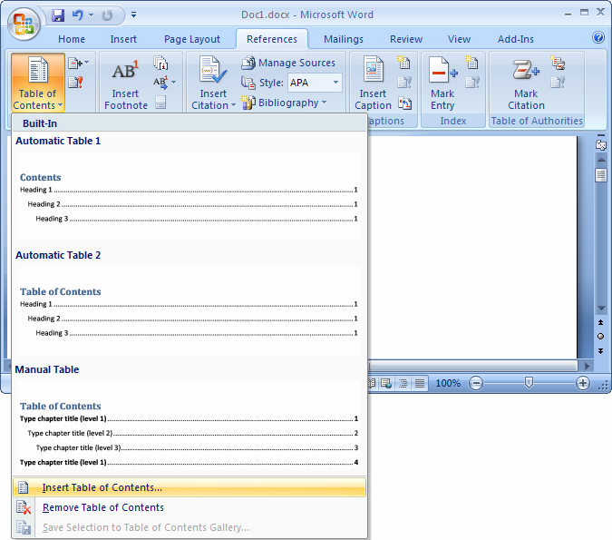 September relaxed Adaptation MS Word 2007: Create a table of contents
