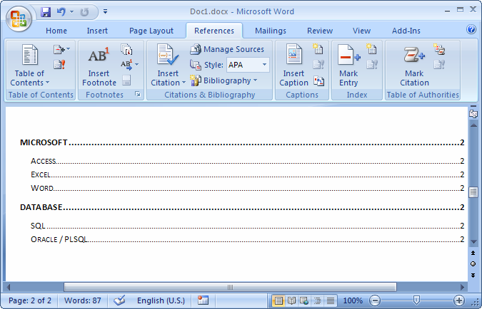Cornwall calculator Genuine MS Word 2007: Create a table of contents
