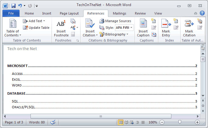 Rank virtual prose MS Word 2010: Create a table of contents
